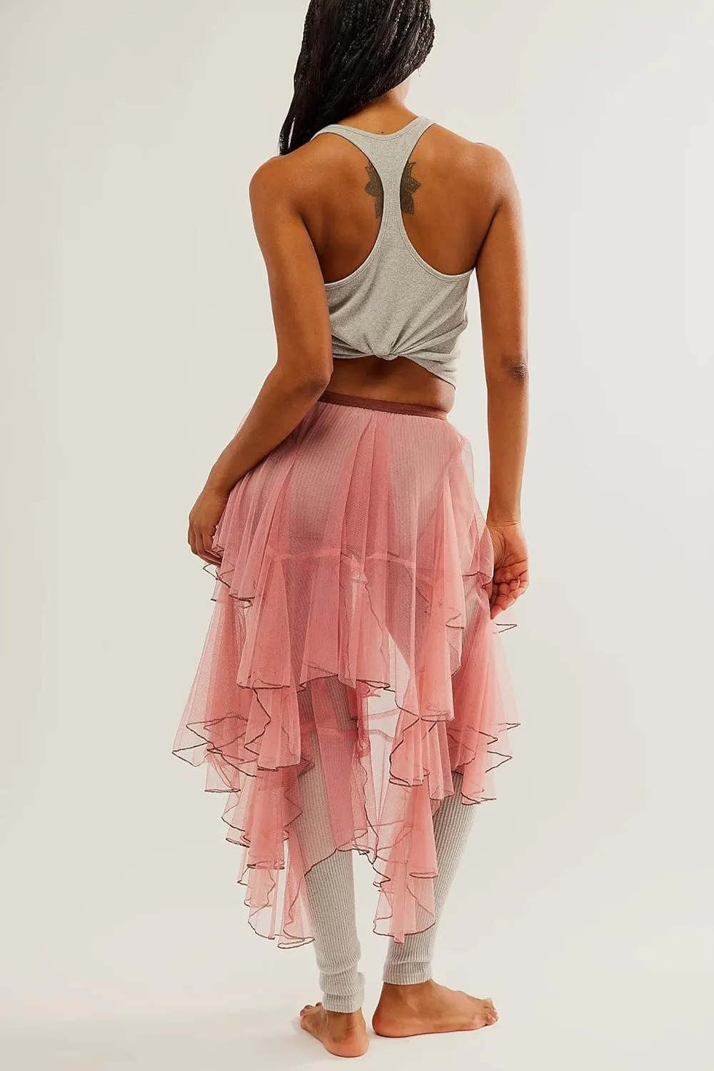 KMBANGI Womens Mesh Lace Long Skirt Asymmetrical Layered Ruffle Maxi Skirts Flowy Y2k See Through Midi Skirt Summer