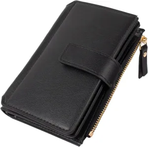 KOTORA Womens Small Wallets Leather RFID Blocking Bifold Zipper Coin Pocket Wallet Card Case Holder Minimalist Clutch Handbag Purse (Black)
