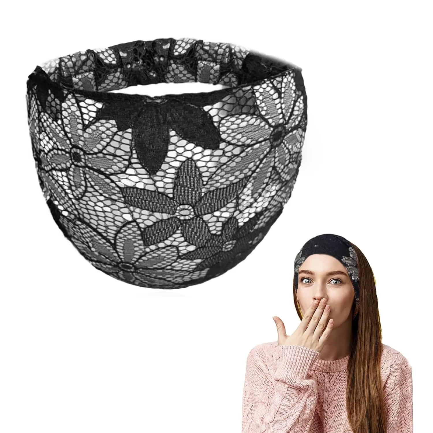 Lace Headbands for Women - 1Pcs Breathable Lace Mesh Flower Turban Braided Headbands Elastic Headwrap Boho Bandana Hair Bands Summer Hair Accessories for Women Girls Yoga, Working Out, Gym, Running