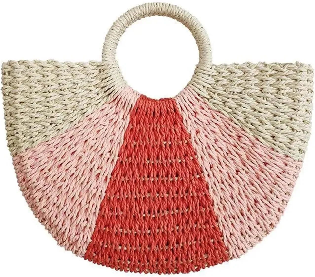 Ladies Straw Handbag Handwoven Rattan Top Handle Bag for Women Round Straw Tote Bag Beach Large Carrying Messenger Handbag for BeachHoliday(Pink Orange)