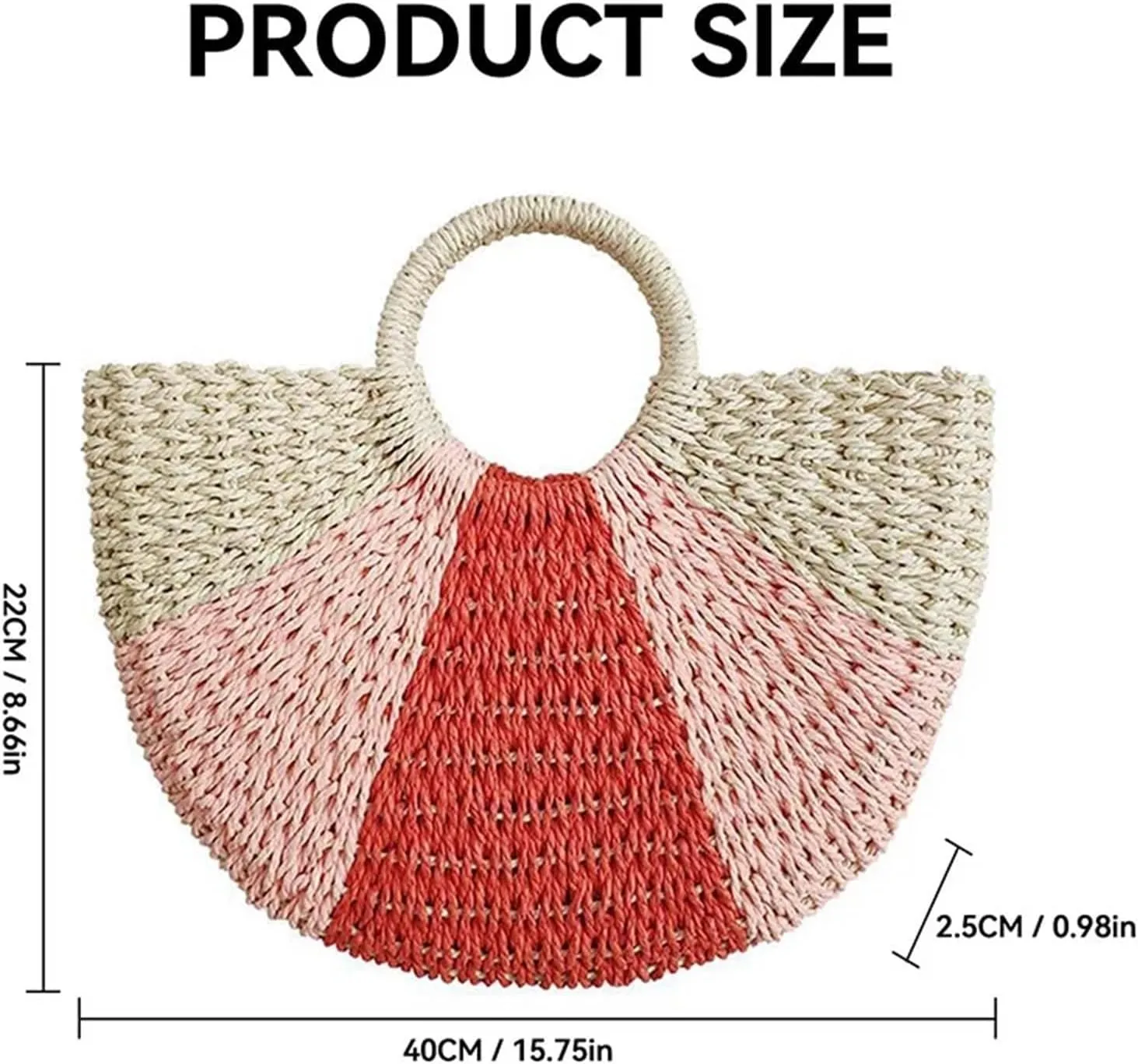 Ladies Straw Handbag Handwoven Rattan Top Handle Bag for Women Round Straw Tote Bag Beach Large Carrying Messenger Handbag for BeachHoliday(Pink Orange)