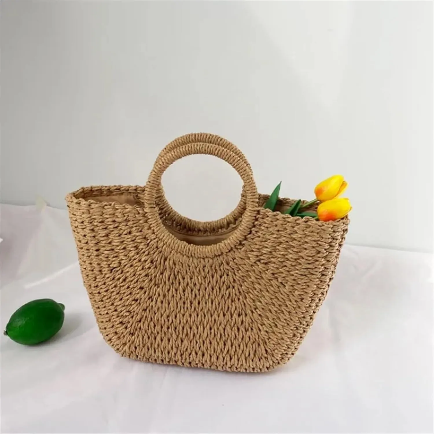 Ladies Straw Handbag Straw Plaited Tote Bag for Women Semi-Circle Woven Round Bucket Bag Handmade Colorful Basket Rattan Handbag for BeachHoliday(Beige,S)