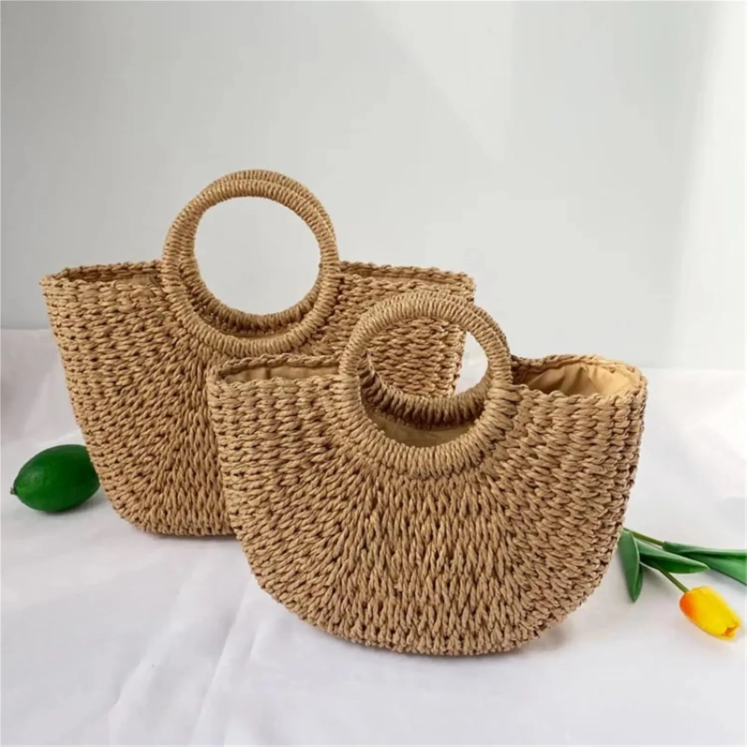 Ladies Straw Handbag Straw Plaited Tote Bag for Women Semi-Circle Woven Round Bucket Bag Handmade Colorful Basket Rattan Handbag for BeachHoliday(Beige,S)