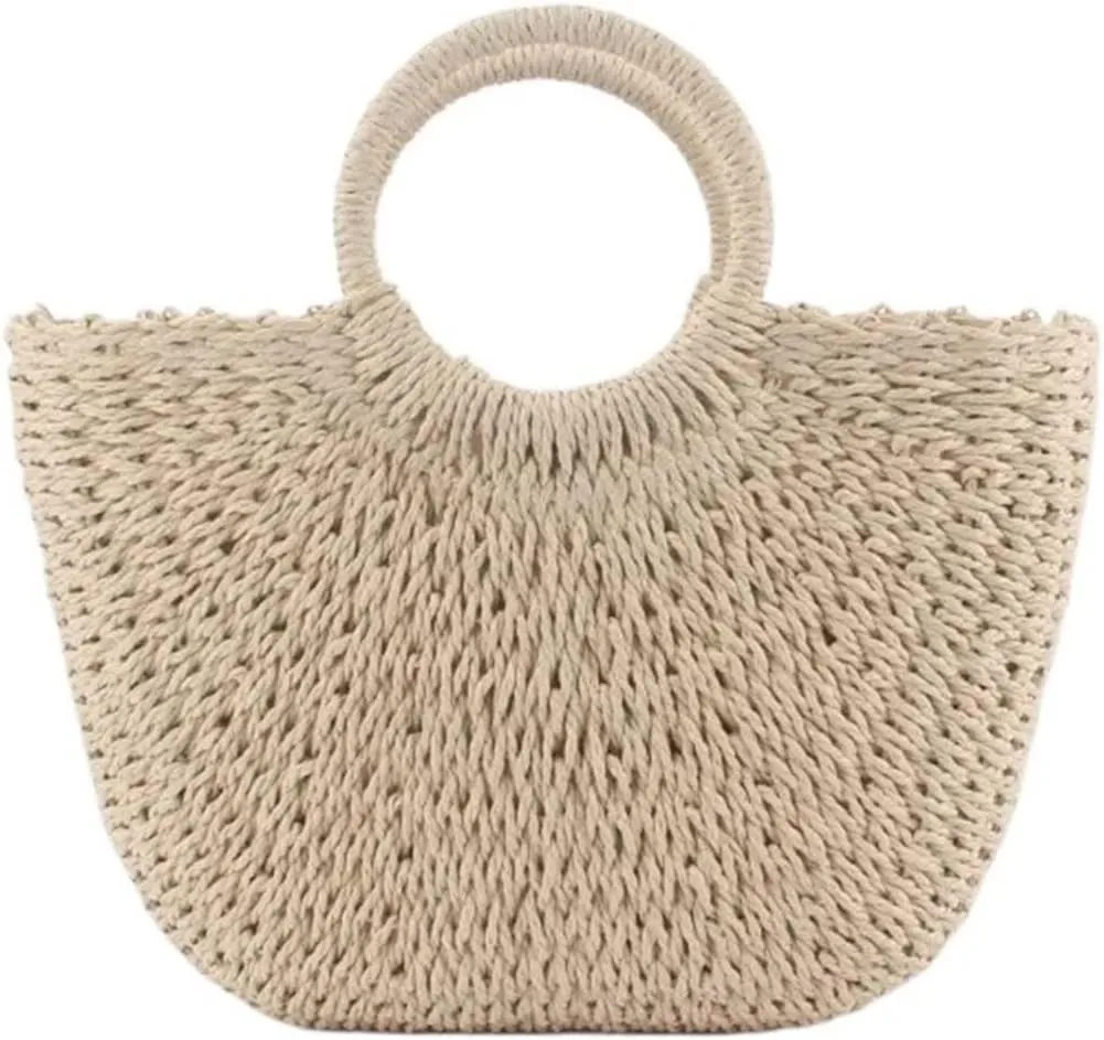 Ladies Straw Handbag Straw Plaited Tote Bag for Women Semi-Circle Woven Round Bucket Bag Handmade Colorful Basket Rattan Handbag for BeachHoliday(Beige,S)