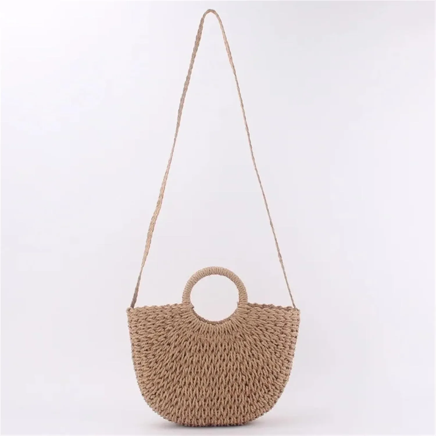 Ladies Straw Handbag Straw Plaited Tote Bag for Women Semi-Circle Woven Round Bucket Bag Handmade Colorful Basket Rattan Handbag for BeachHoliday(Beige,S)