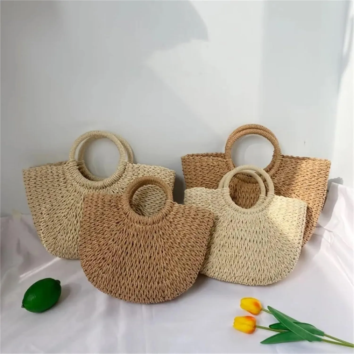 Ladies Straw Handbag Straw Plaited Tote Bag for Women Semi-Circle Woven Round Bucket Bag Handmade Colorful Basket Rattan Handbag for BeachHoliday(Beige,S)