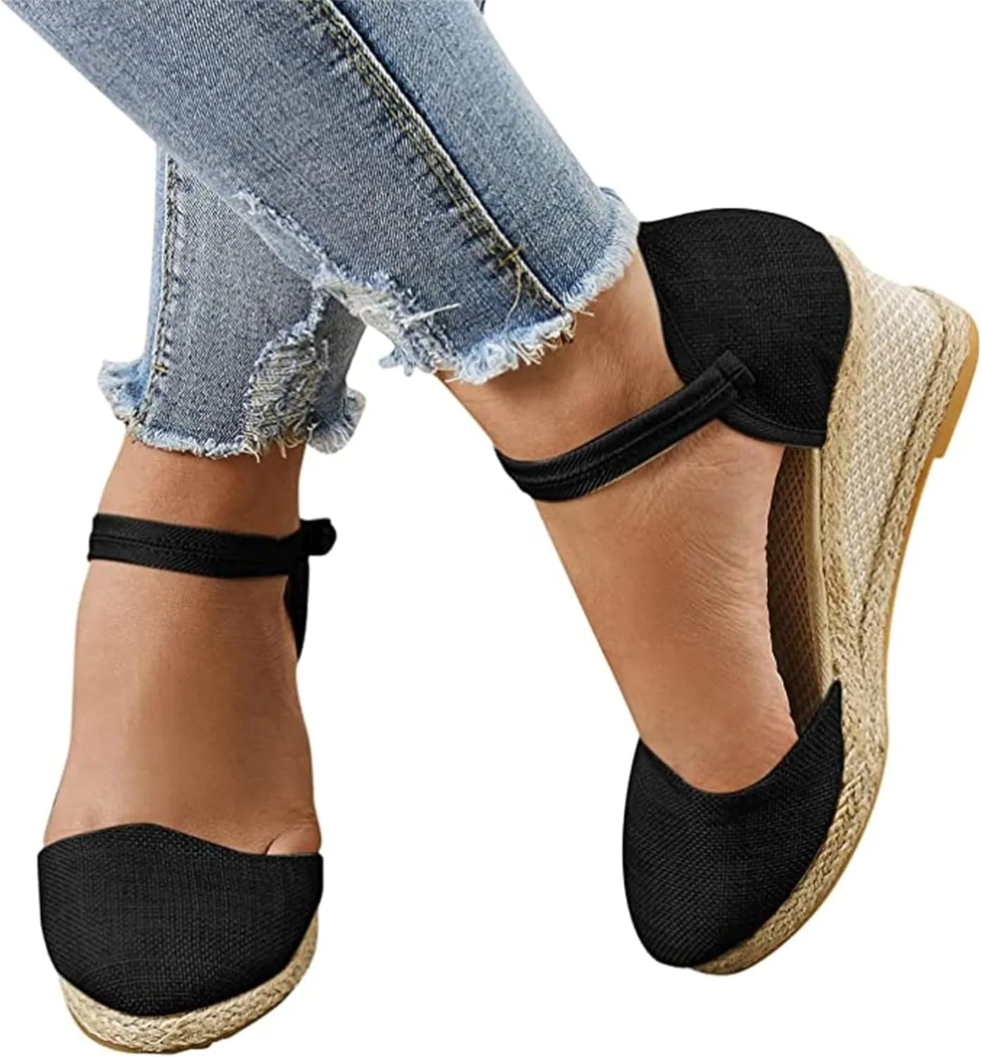 Ladmiple Espadrille Wedge Sandals For Women Low Heel Closed Toe Platform Sandals Ankle Strap Casual Dressy Summer Shoes
