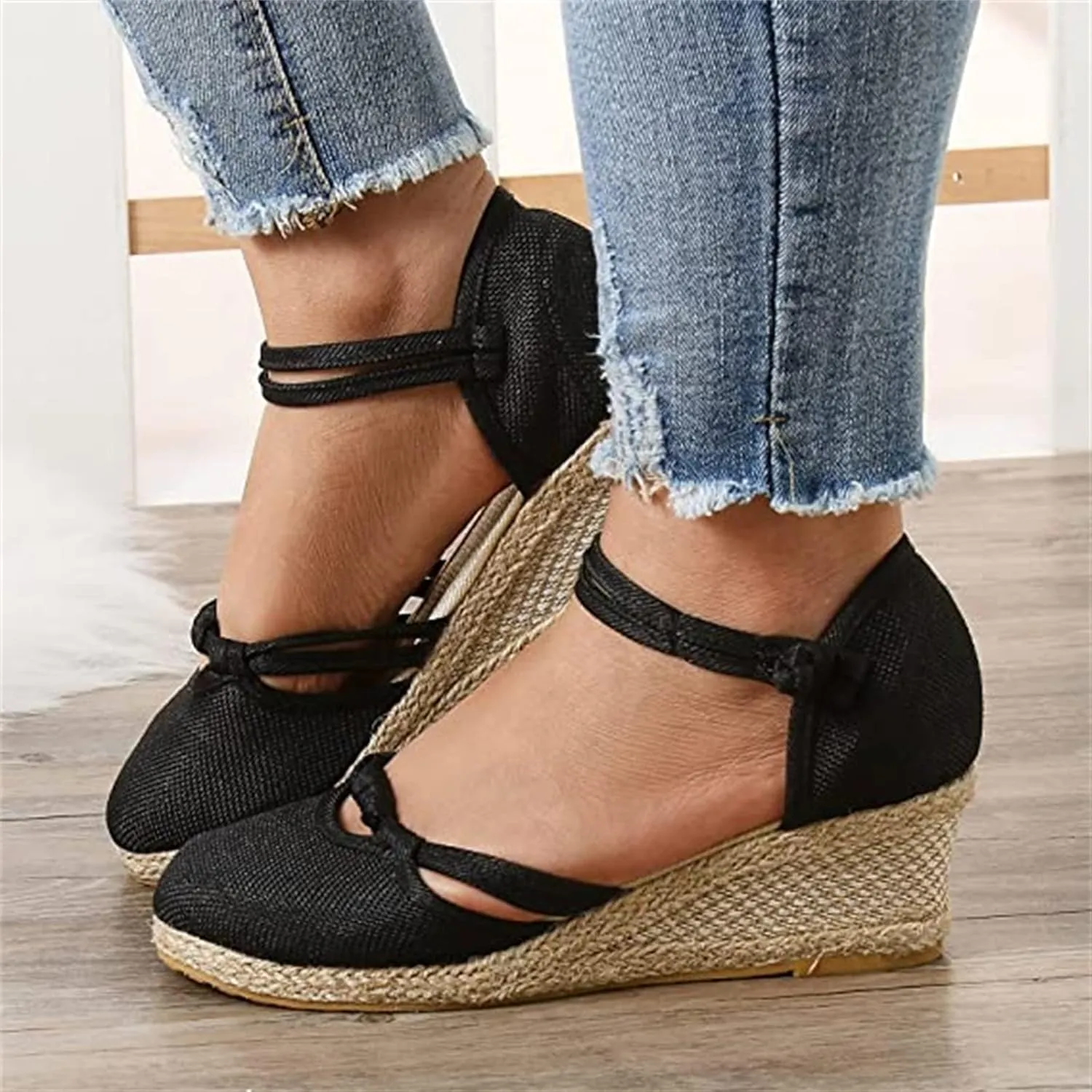 Ladmiple Sandals for Women Dressy Summer,Women's Wedge Sandal Espadrille Platform Closed Toe Braided Buckle Linen Sandal