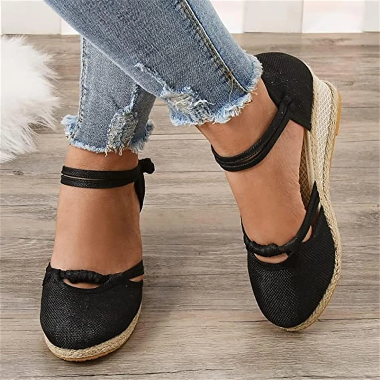 Ladmiple Sandals for Women Dressy Summer,Women's Wedge Sandal Espadrille Platform Closed Toe Braided Buckle Linen Sandal