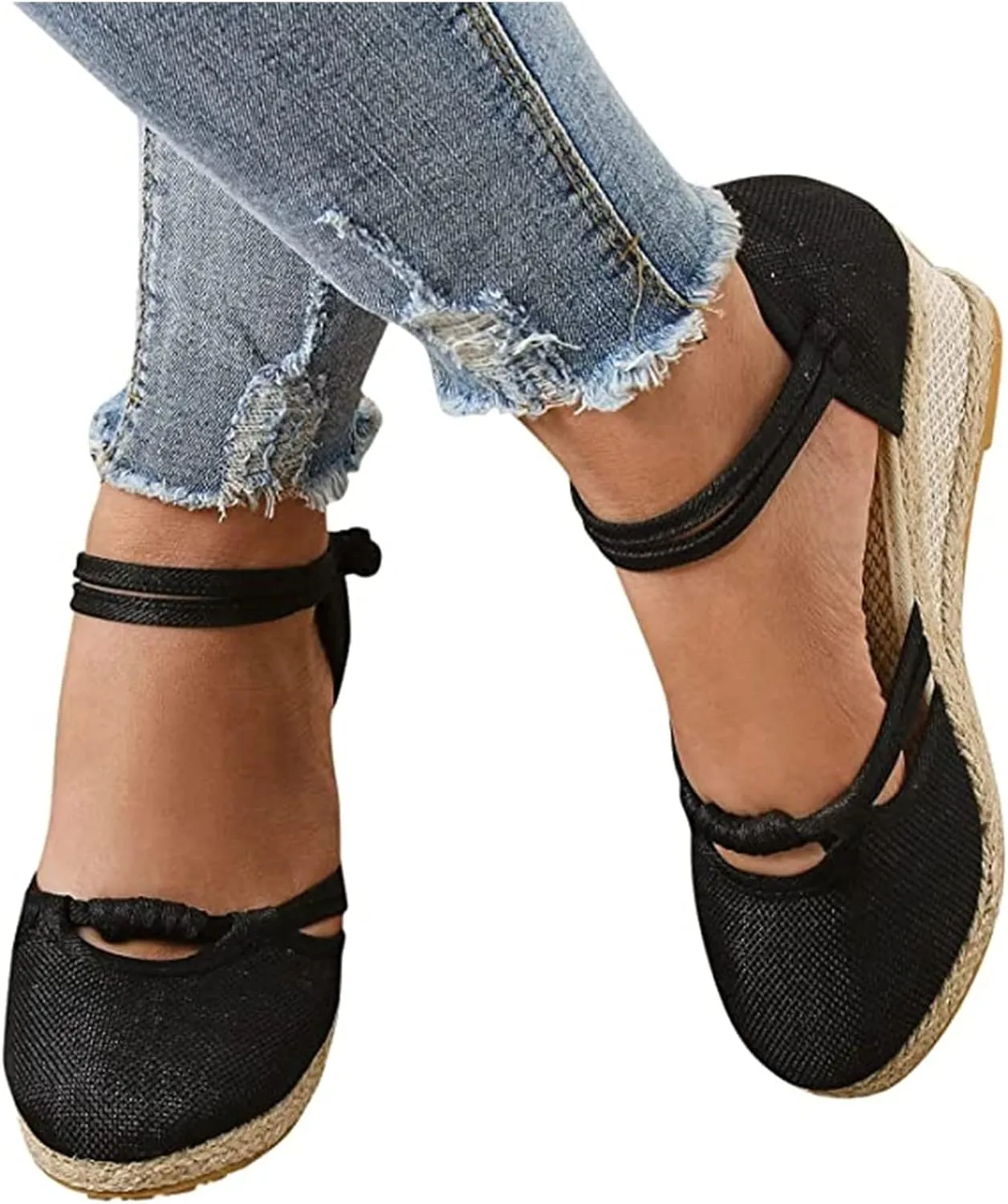 Ladmiple Sandals for Women Dressy Summer,Women's Wedge Sandal Espadrille Platform Closed Toe Braided Buckle Linen Sandal