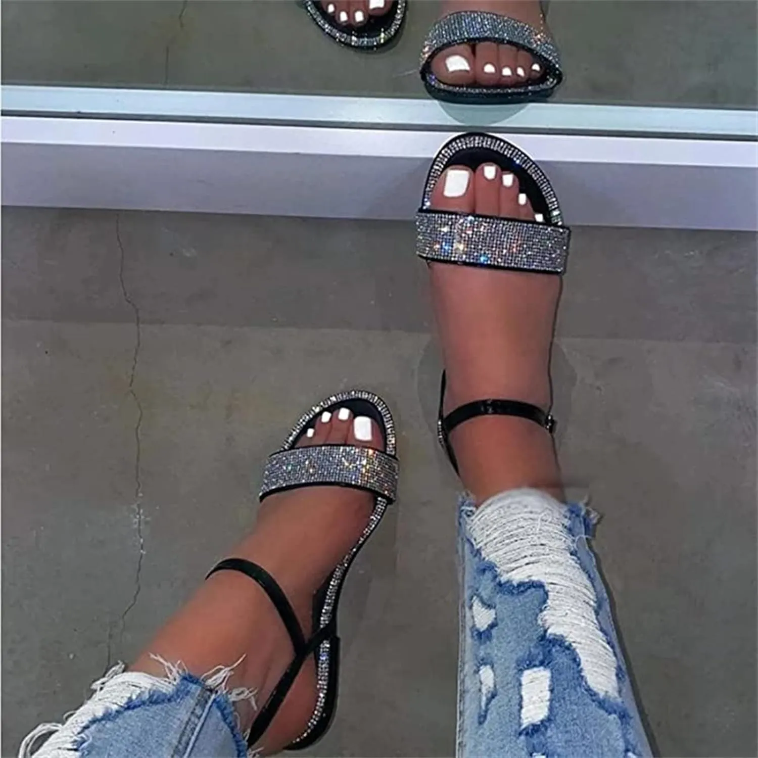 Ladmiple Sandals for Women Dressy Trendy Ankle Strap Crystal Flip Flop Sandals Summer Casual Beach Open Toe Flats Sandal