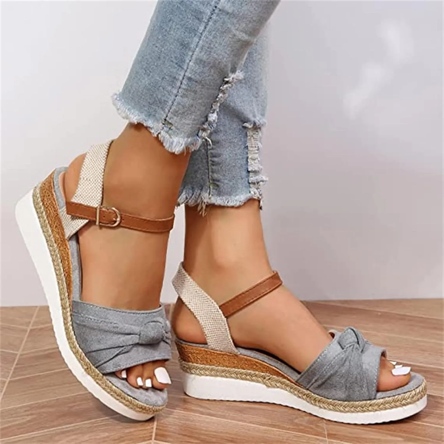 Ladmiple Wedge Sandals for Women Dressy Comfy Slip-On Ankle Buckle Sandals Summer Casual Beach Shoes Open Toe Platform