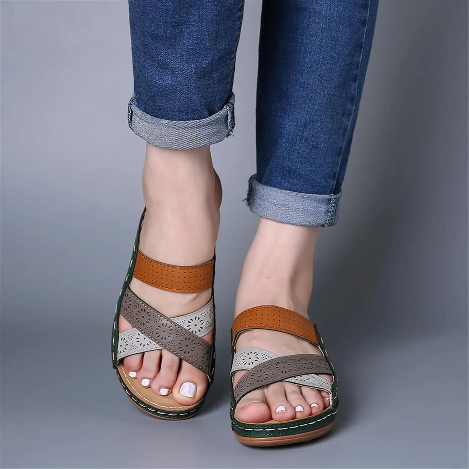 Ladmiple Womens Casual 2023 Fashion Orthopedic Platform Flip Flops with Arch Support Roman Open Toe Slip On Slipper Shoe