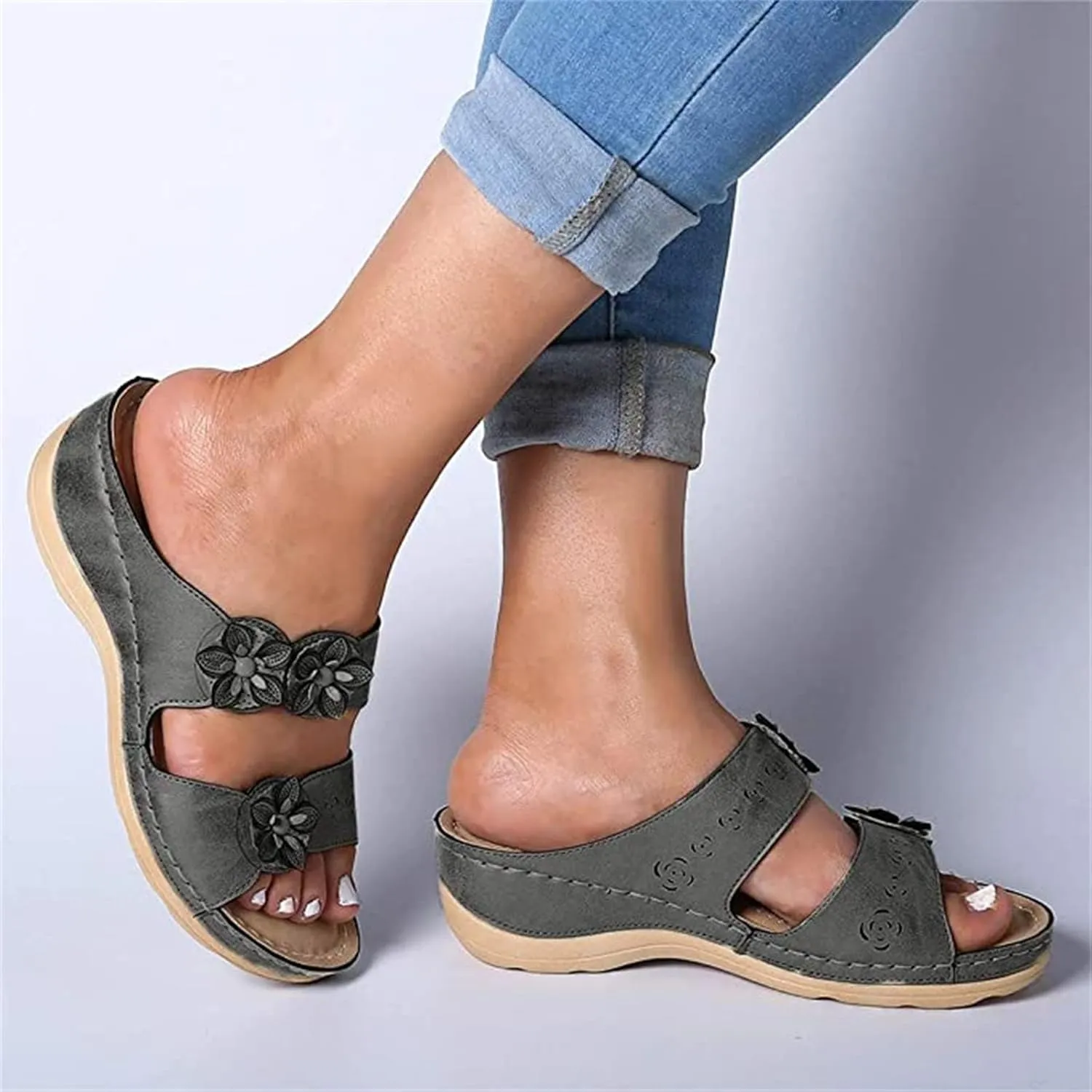Ladmiple Womens Casual Fashion Flower Orthopedic Wedge Flip Flop Arch Support Beach Roman Open Toe Slip On Slipper Shoes