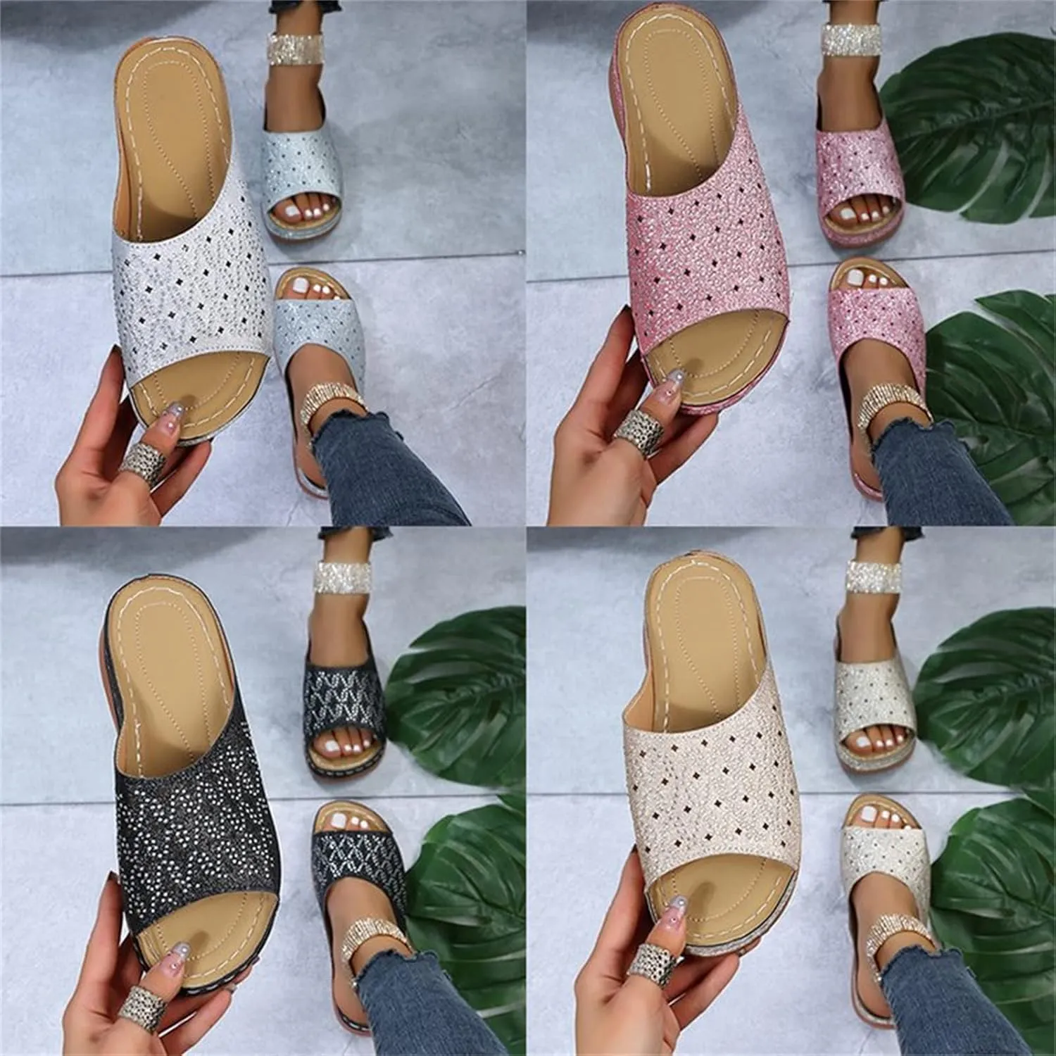 Ladmiple Womens Casual Summer Fashion Crystal Orthopedic Platform Flip Flops Arch Support Roman Open Toe Slippers Shoes