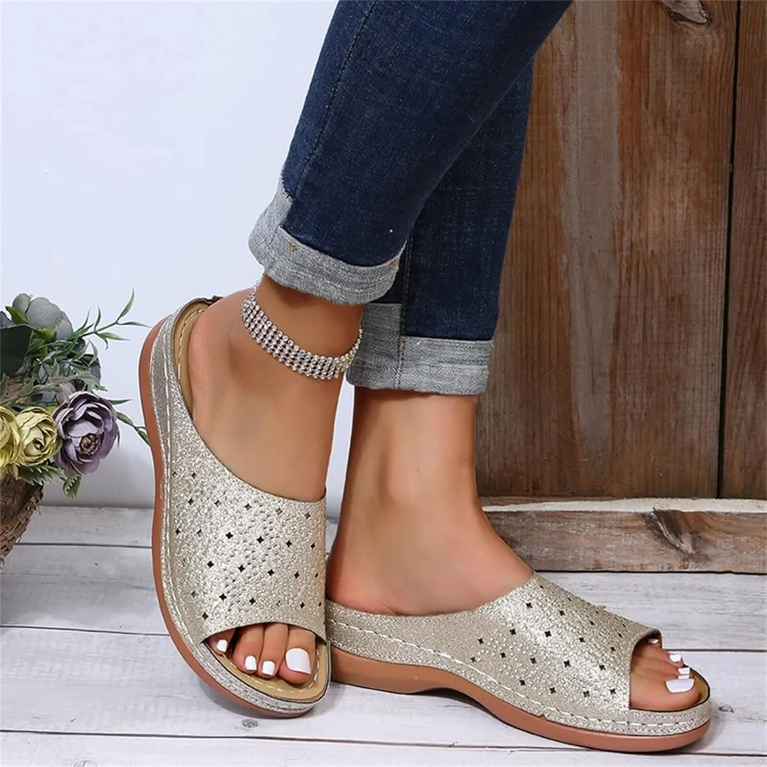 Ladmiple Womens Casual Summer Fashion Crystal Orthopedic Platform Flip Flops Arch Support Roman Open Toe Slippers Shoes