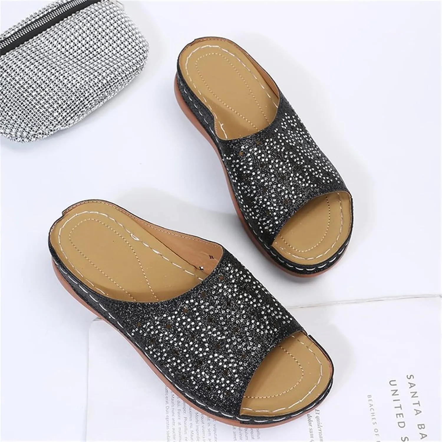 Ladmiple Womens Casual Summer Fashion Sparkly Orthopedic Platform Flip Flops Arch Support Roman Open Toe Slipper Shoes