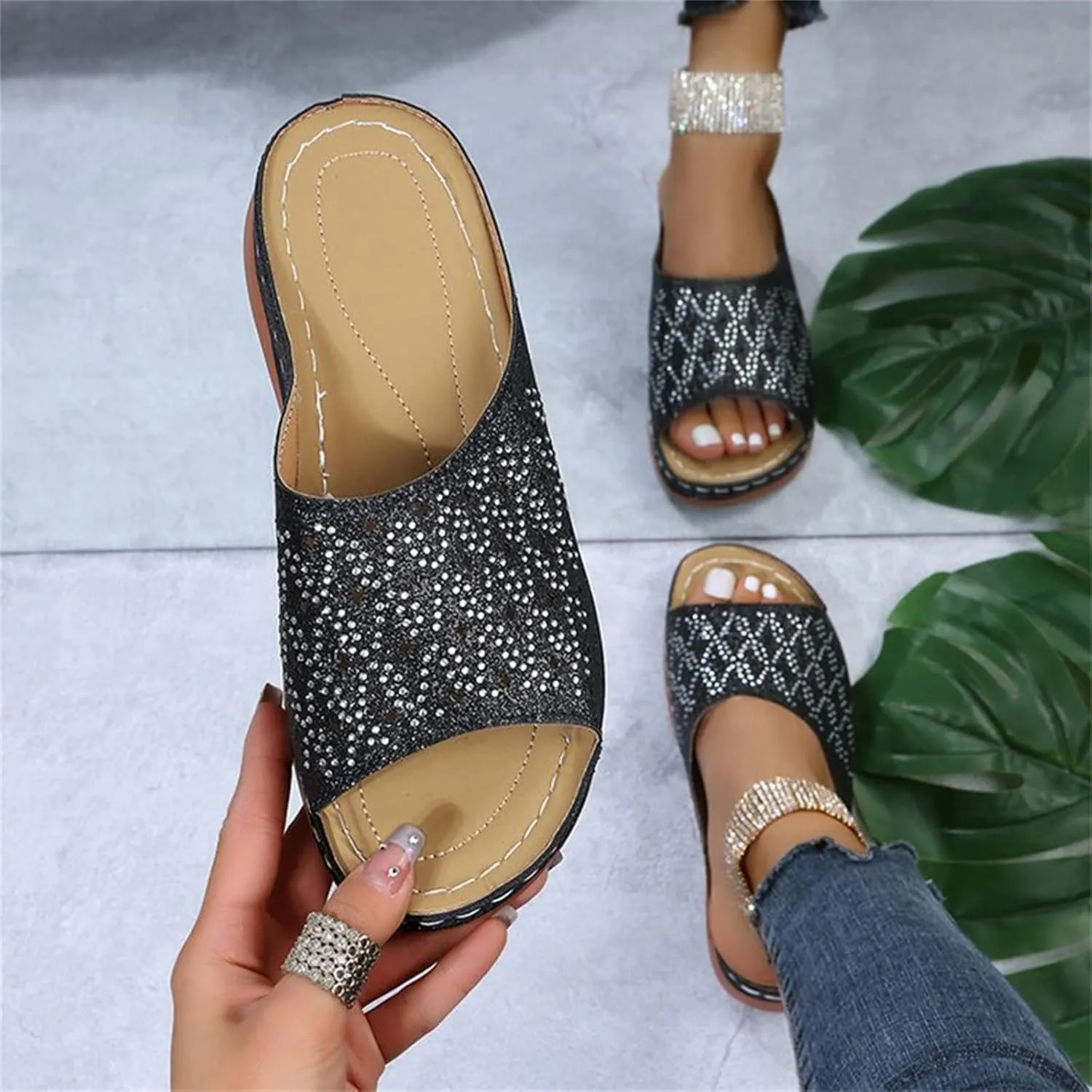 Ladmiple Womens Casual Summer Fashion Sparkly Orthopedic Platform Flip Flops Arch Support Roman Open Toe Slipper Shoes