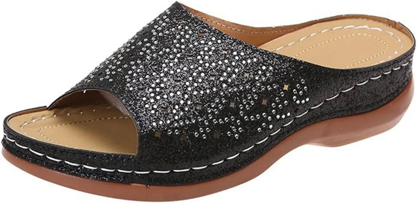 Ladmiple Womens Casual Summer Fashion Sparkly Orthopedic Platform Flip Flops Arch Support Roman Open Toe Slipper Shoes