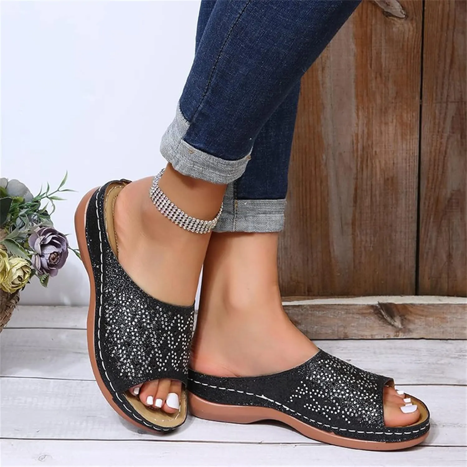 Ladmiple Womens Casual Summer Fashion Sparkly Orthopedic Platform Flip Flops Arch Support Roman Open Toe Slipper Shoes