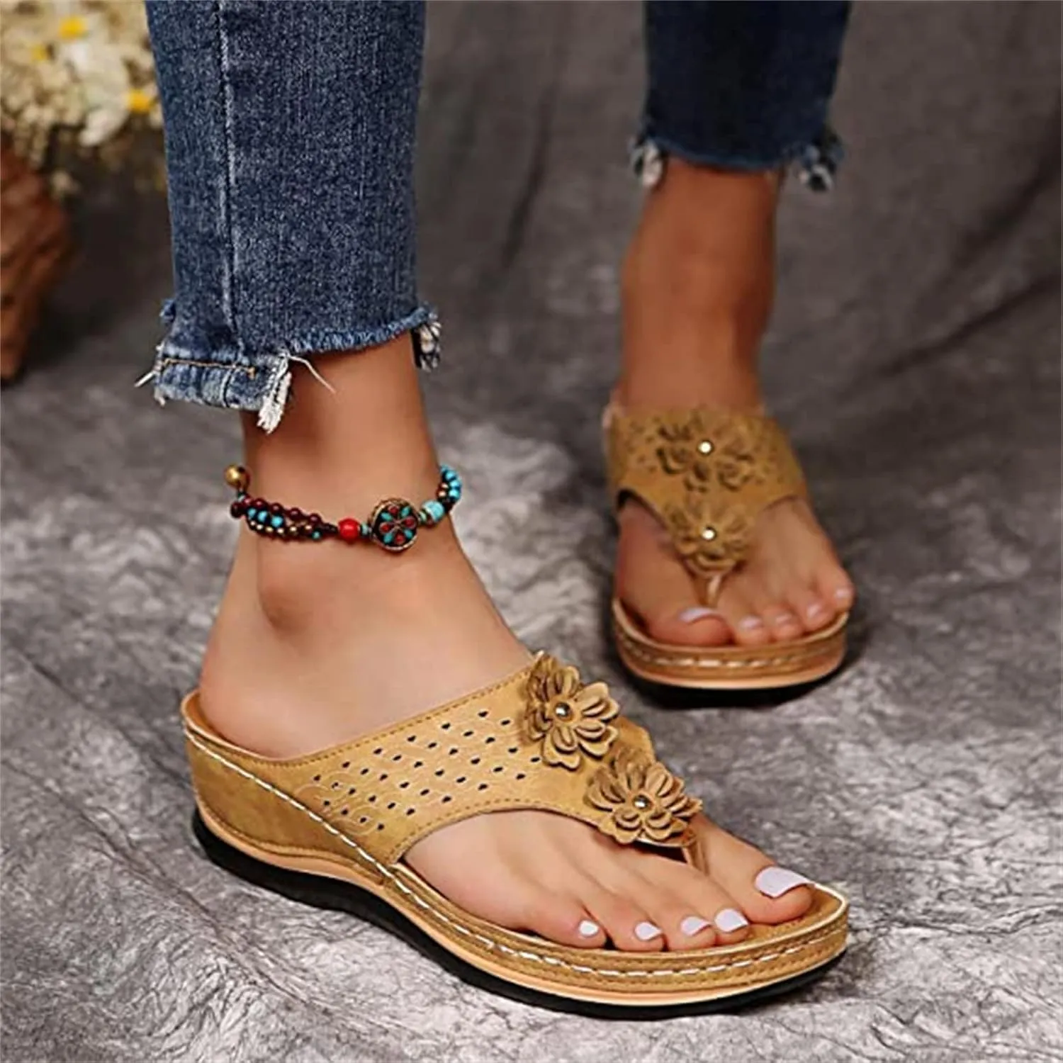 Ladmiple Womens Casual Summer Orthopedic Platform Flip Flops with Arch Support Slip On Sandal Beach Roman Clip Toe Shoes