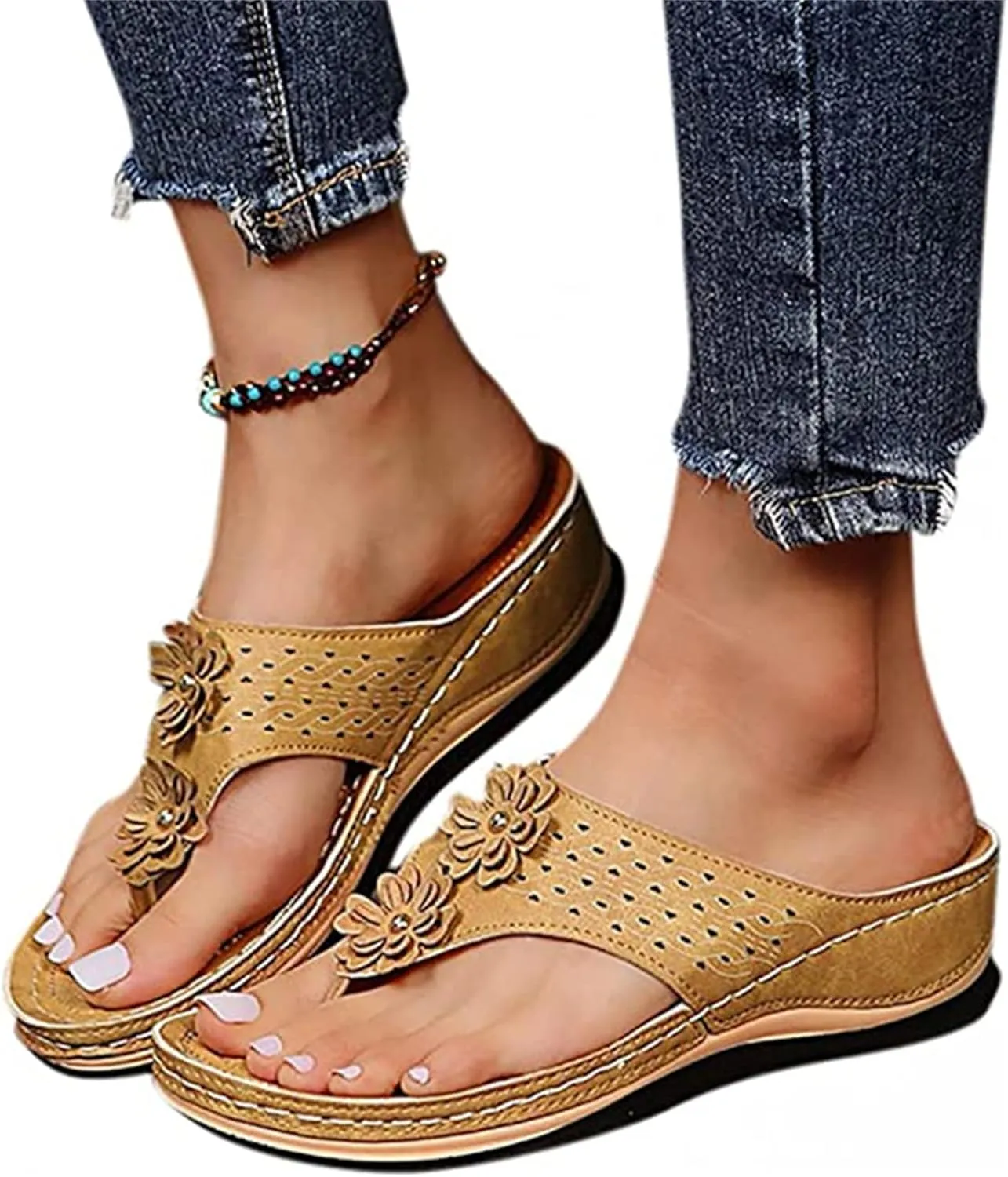 Ladmiple Womens Casual Summer Orthopedic Platform Flip Flops with Arch Support Slip On Sandal Beach Roman Clip Toe Shoes