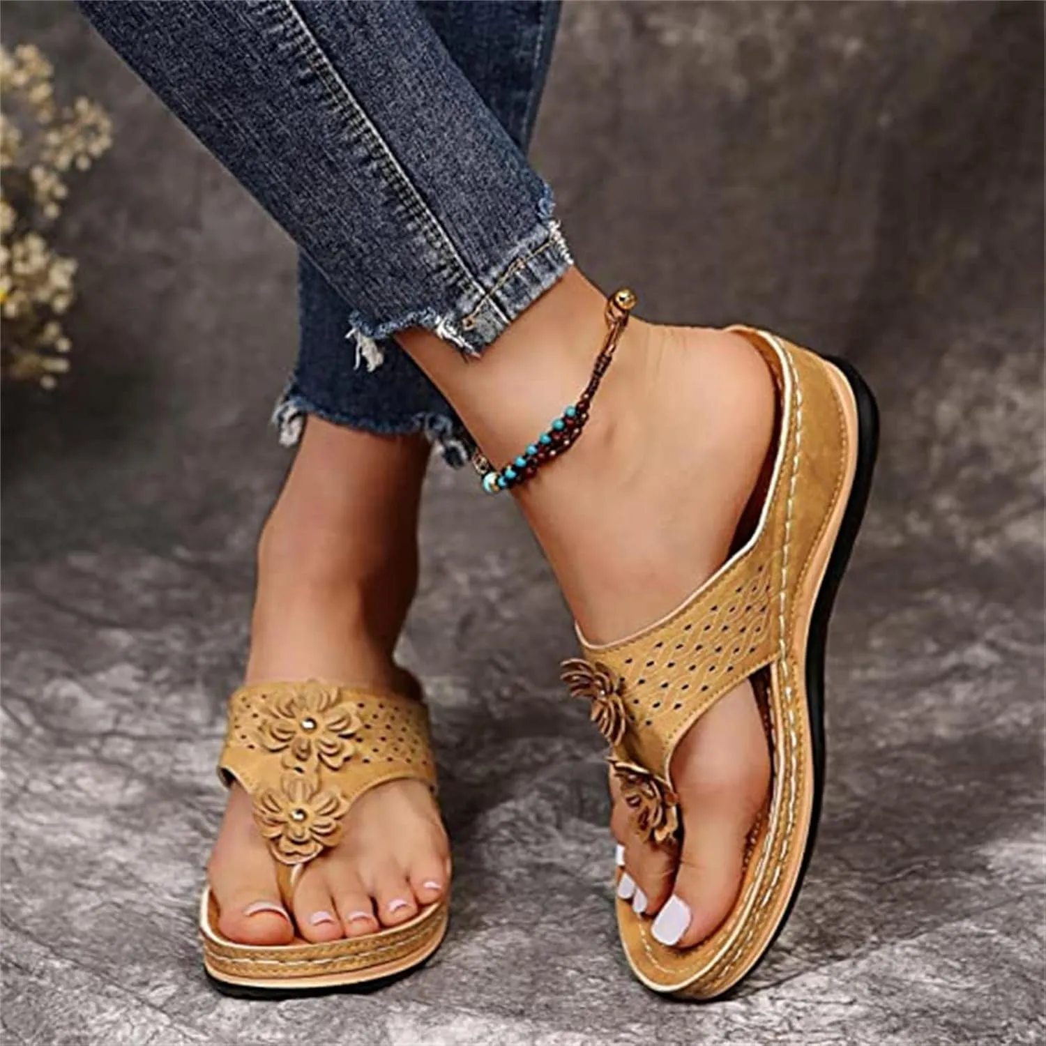 Ladmiple Womens Casual Summer Orthopedic Platform Flip Flops with Arch Support Slip On Sandal Beach Roman Clip Toe Shoes