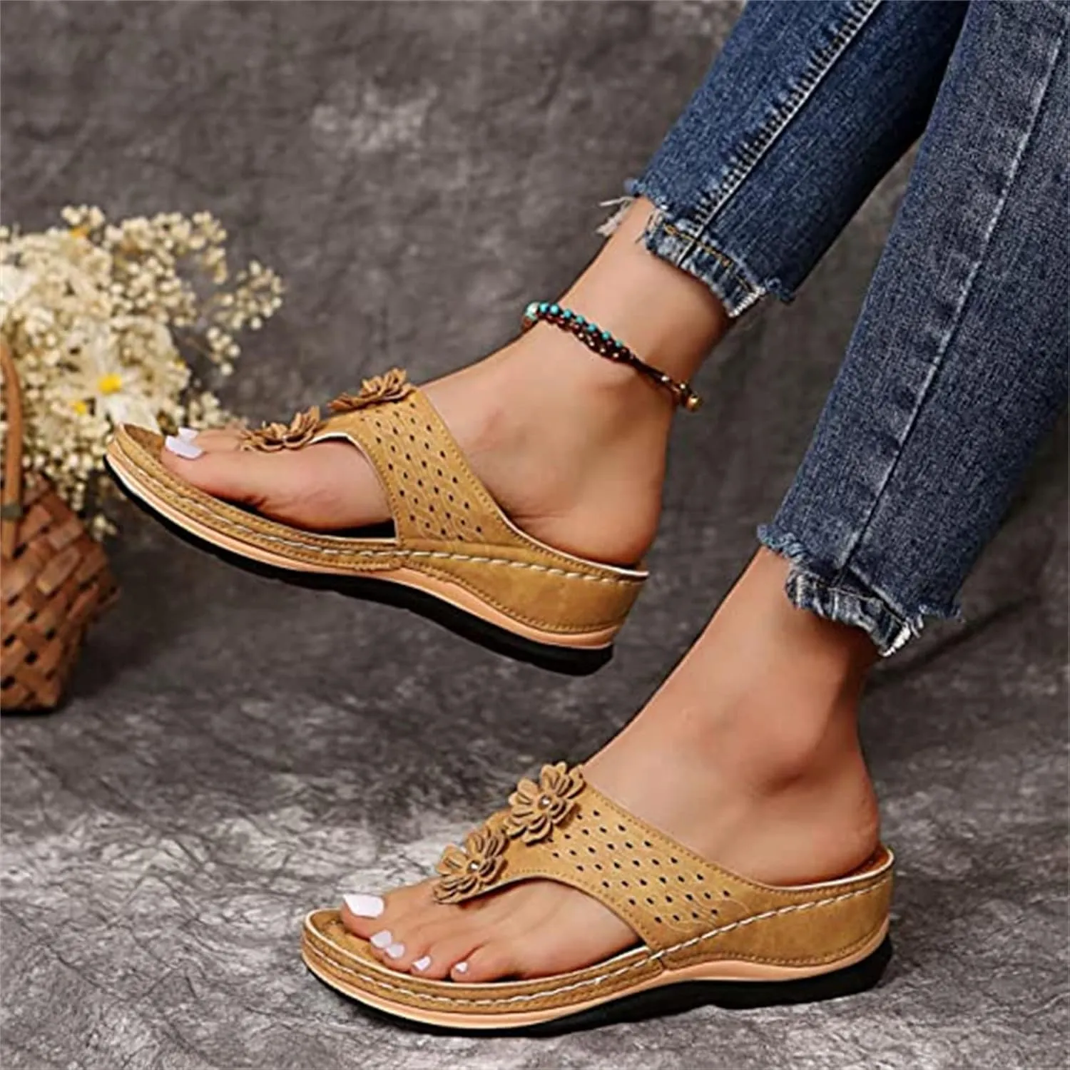 Ladmiple Womens Casual Summer Orthopedic Platform Flip Flops with Arch Support Slip On Sandal Beach Roman Clip Toe Shoes