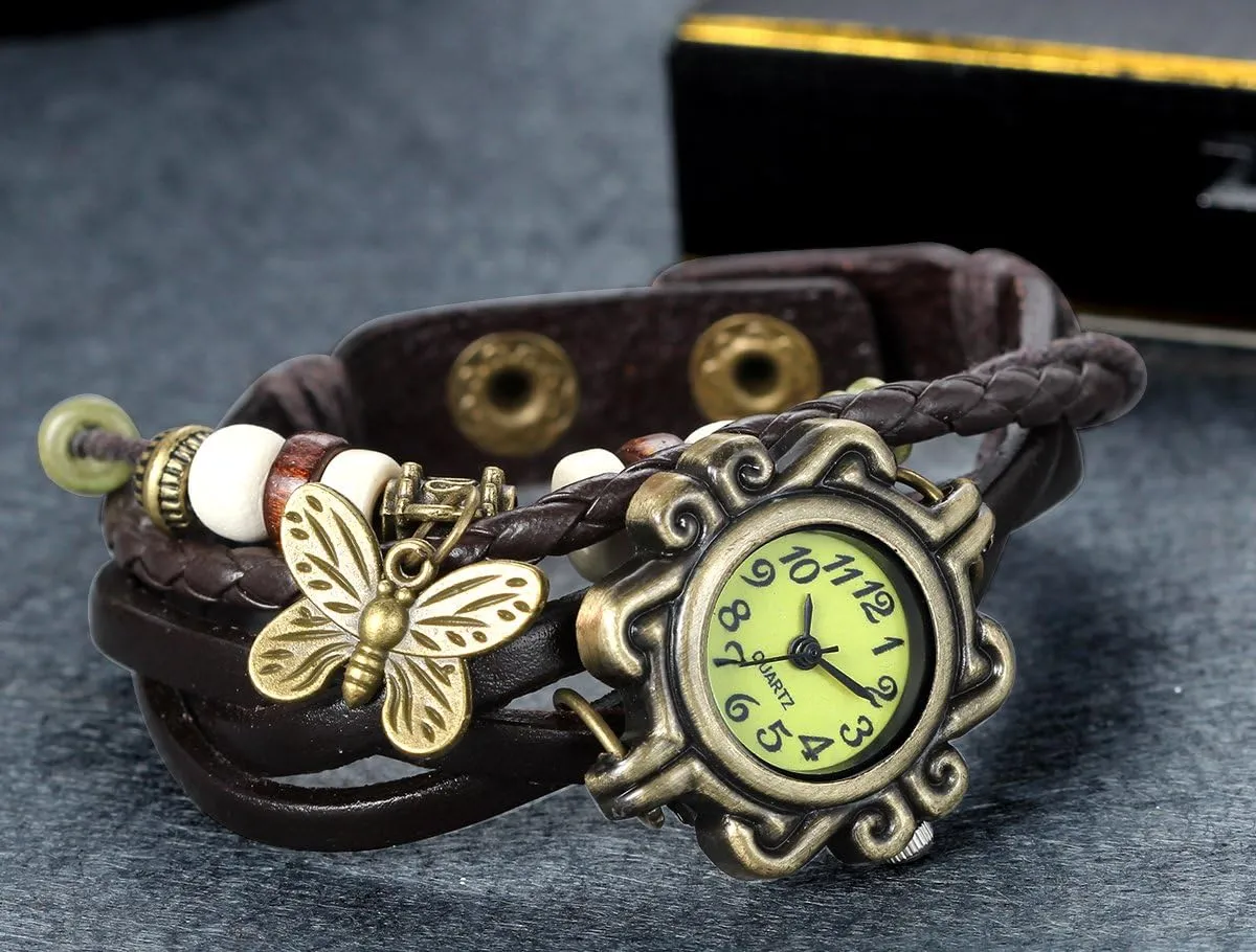 Lancardo Women's Braided Leather Straps Butterfly Charm Bracelet Bangle Watches Quartz Business Casual Wrist Watch Friendship Anniversary
