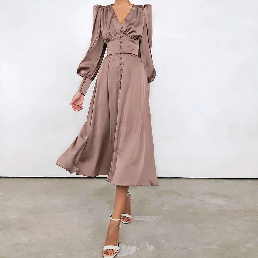 Lantern Sleeves Satin Dress