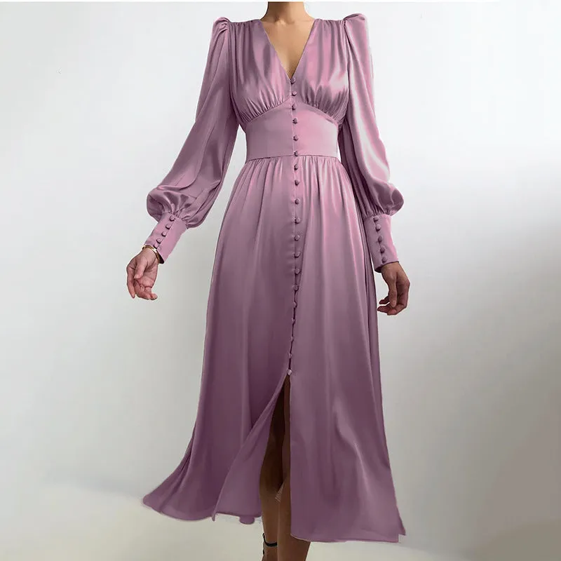 Lantern Sleeves Satin Dress