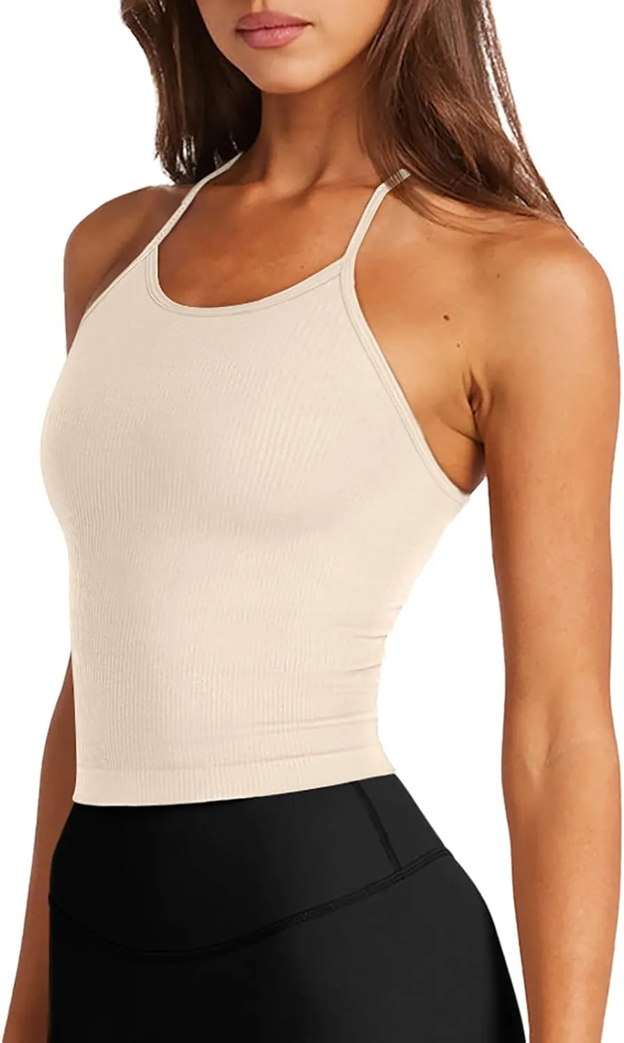 LASLULU Womens Sports Bra Seamless Long Crop Tank Racer Back Spaghetti Strap Workout Yoga Bra Padded Halter Neck Casual Tops