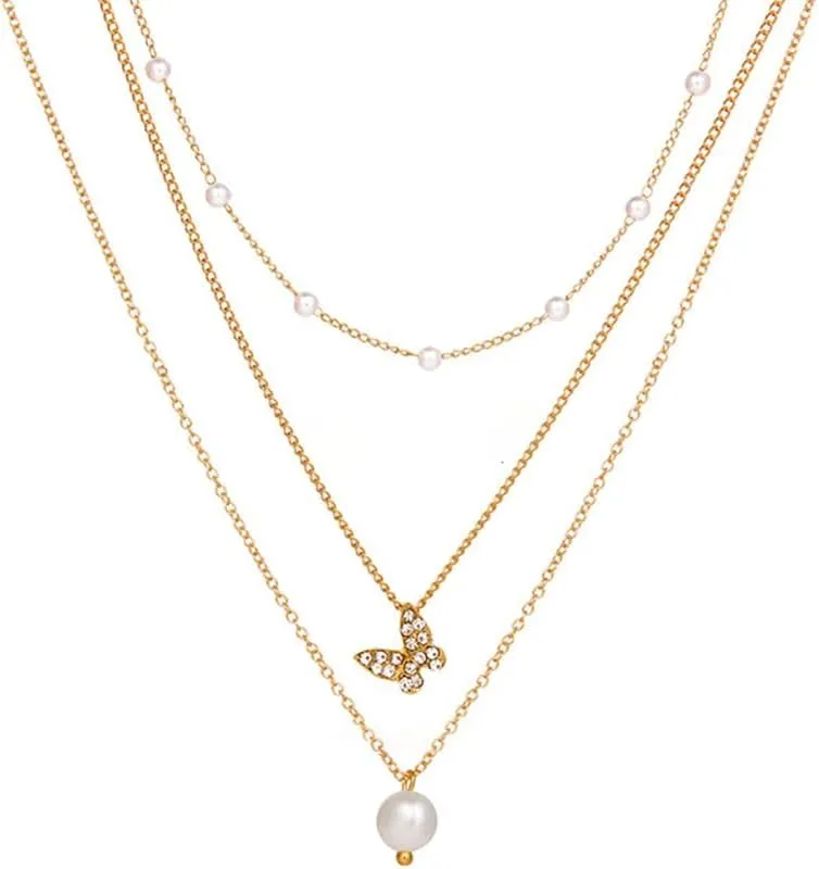 Layered Butterfly Pearl Pendant Necklace for Women 14k Gold Trendy Dainty Small Chain Choker Necklace Simple Cute Dainty Pearl Jewelry Gifts
