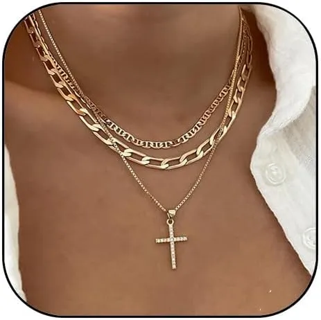 Layered Gold Necklaces for Women Stackable Cross Necklaces Dainty Gold Paperclip Chain Necklace Set Cuba Cross Pendant Necklace for Women Simple Jewelry