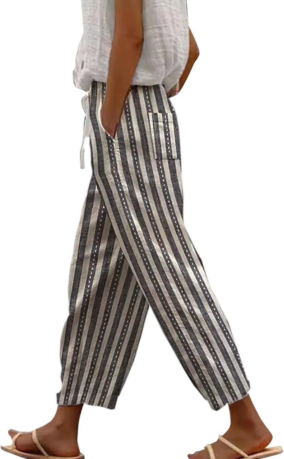 LCMTWX White Linen Pants Women 2025 Drawstring Pants Capri Pants 2025 Pants with Pockets Wide Leg Cropped Pants Linen Pants