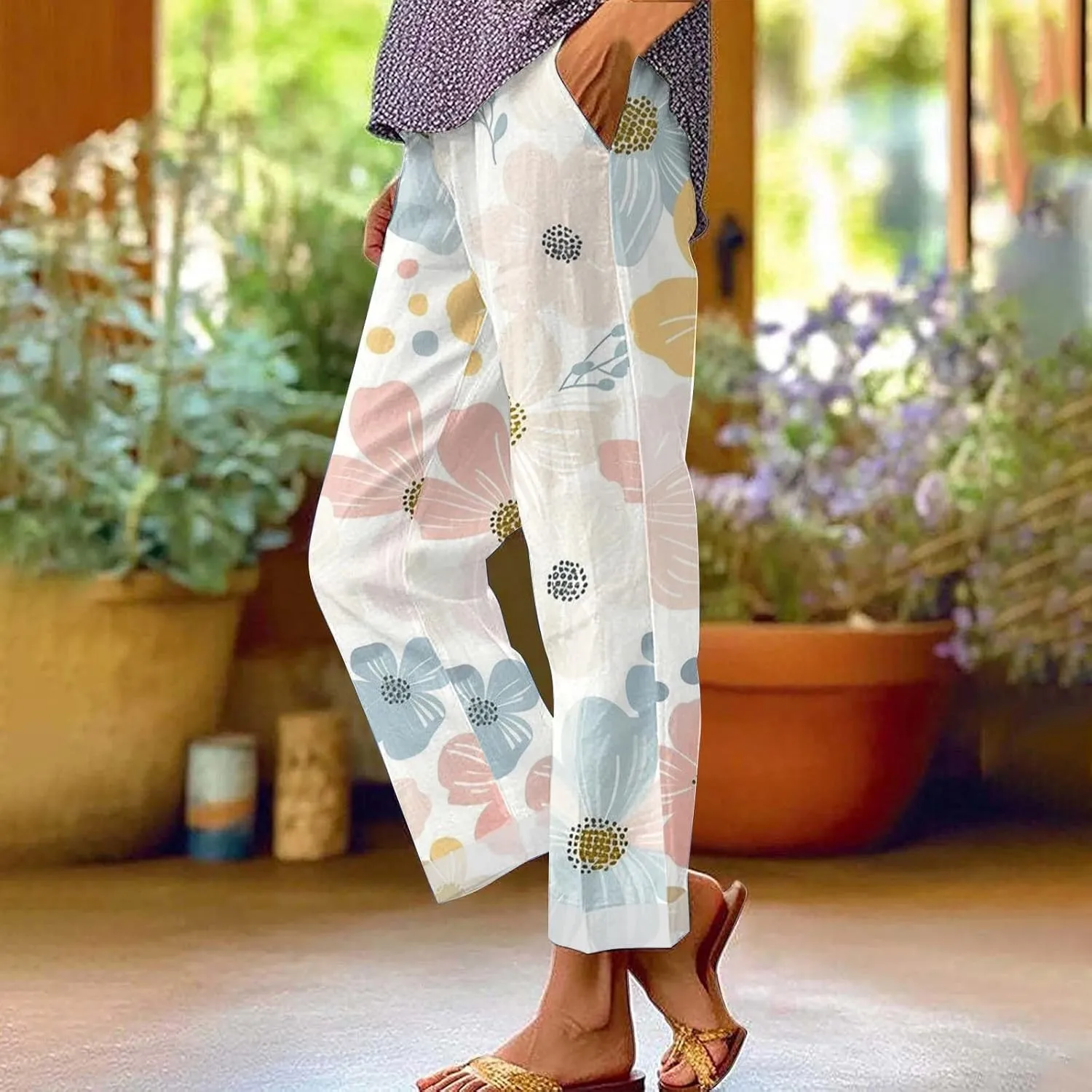 LCMTWX Women's Linen High Waisted Straight Pants Drawstring Linen Women Waist Cotton Casual Pants with Pockets Boho Clothes