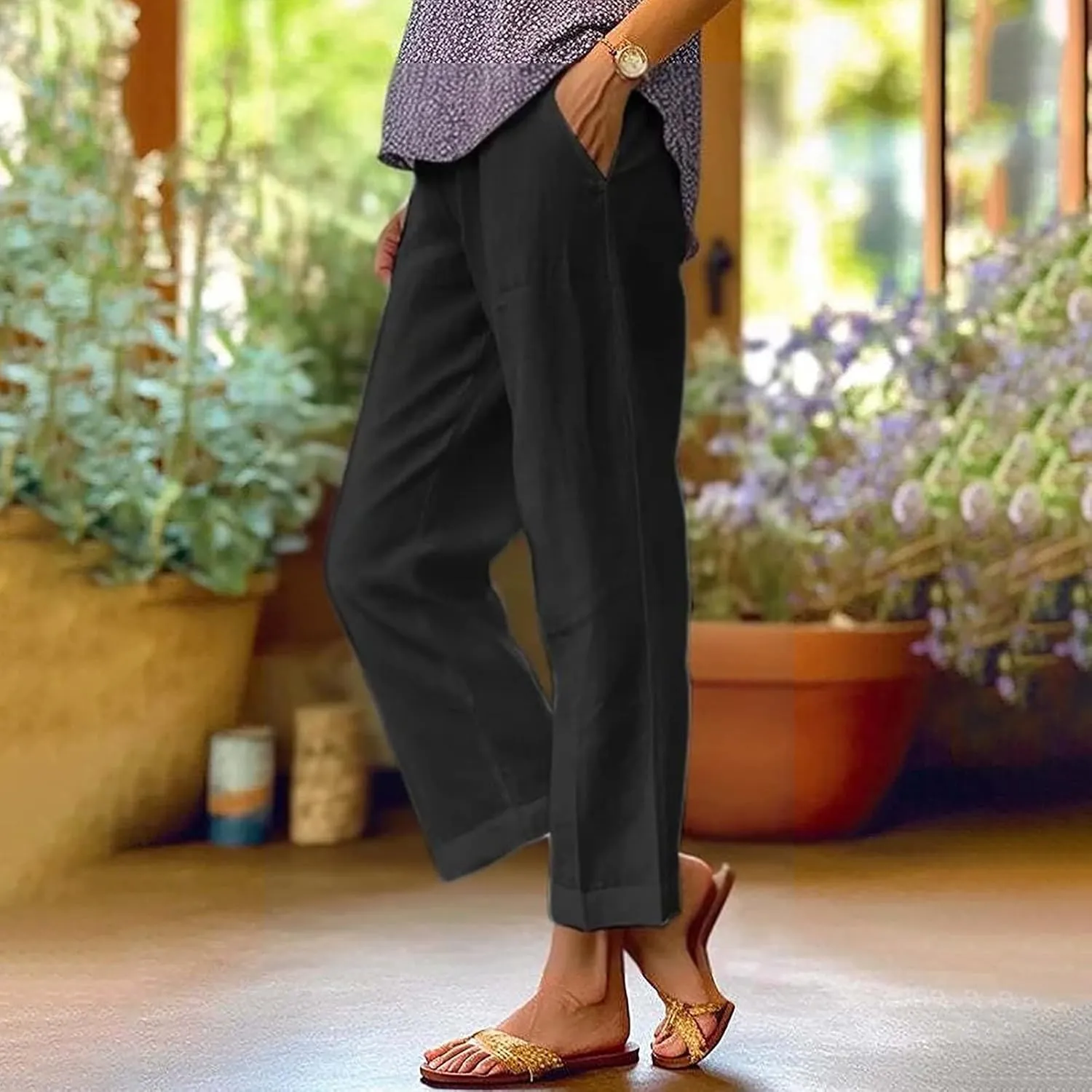 LCMTWX Women's Linen Pants 2024 Summer Pants Long Drawstring Linen Women Waist Cotton Casual Pants Flowy Wide Leg Beach