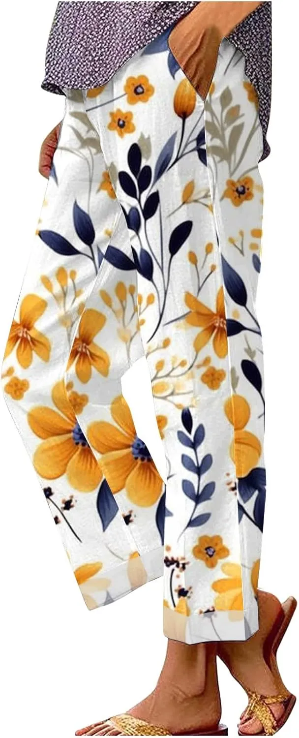 LCMTWX Women's Summer Casual Linen Pants and Linen Casual Pants Casual Loose Drawstring Beach Pants for Women White Pants