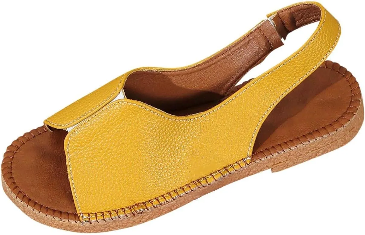 Leather Flat Sandals for Women Open Toe Ankle Strap Wide Width Sandals, Lightweight Slip On Slingback Flats Summer Casual Outdoor Beach Walking Slides Shoes All Day Comfort