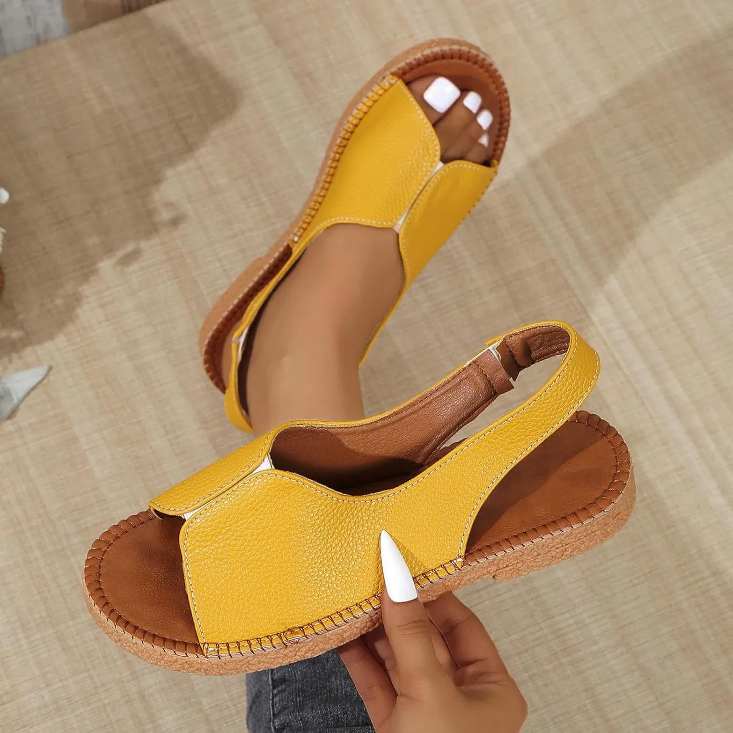 Leather Flat Sandals for Women Open Toe Ankle Strap Wide Width Sandals, Lightweight Slip On Slingback Flats Summer Casual Outdoor Beach Walking Slides Shoes All Day Comfort