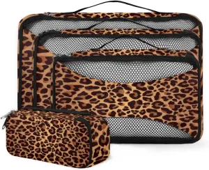 Leopard Print Travel Packing Cubes 4 Set, Cheeteh Leopard Print Luggage Packing Organizers Carry on Suitcase Storage Mesh Bags Accessories
