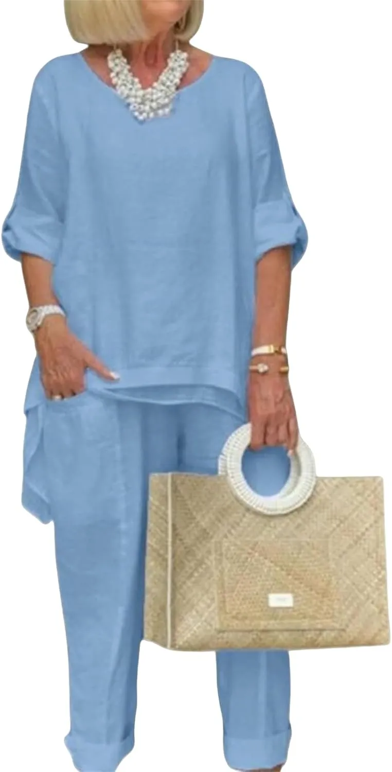 Linen 2 Piece Set for Women Plus Size Dressy Casual Cotton Linen Outfits Long Sleeve Shirts Wide Leg Trousers