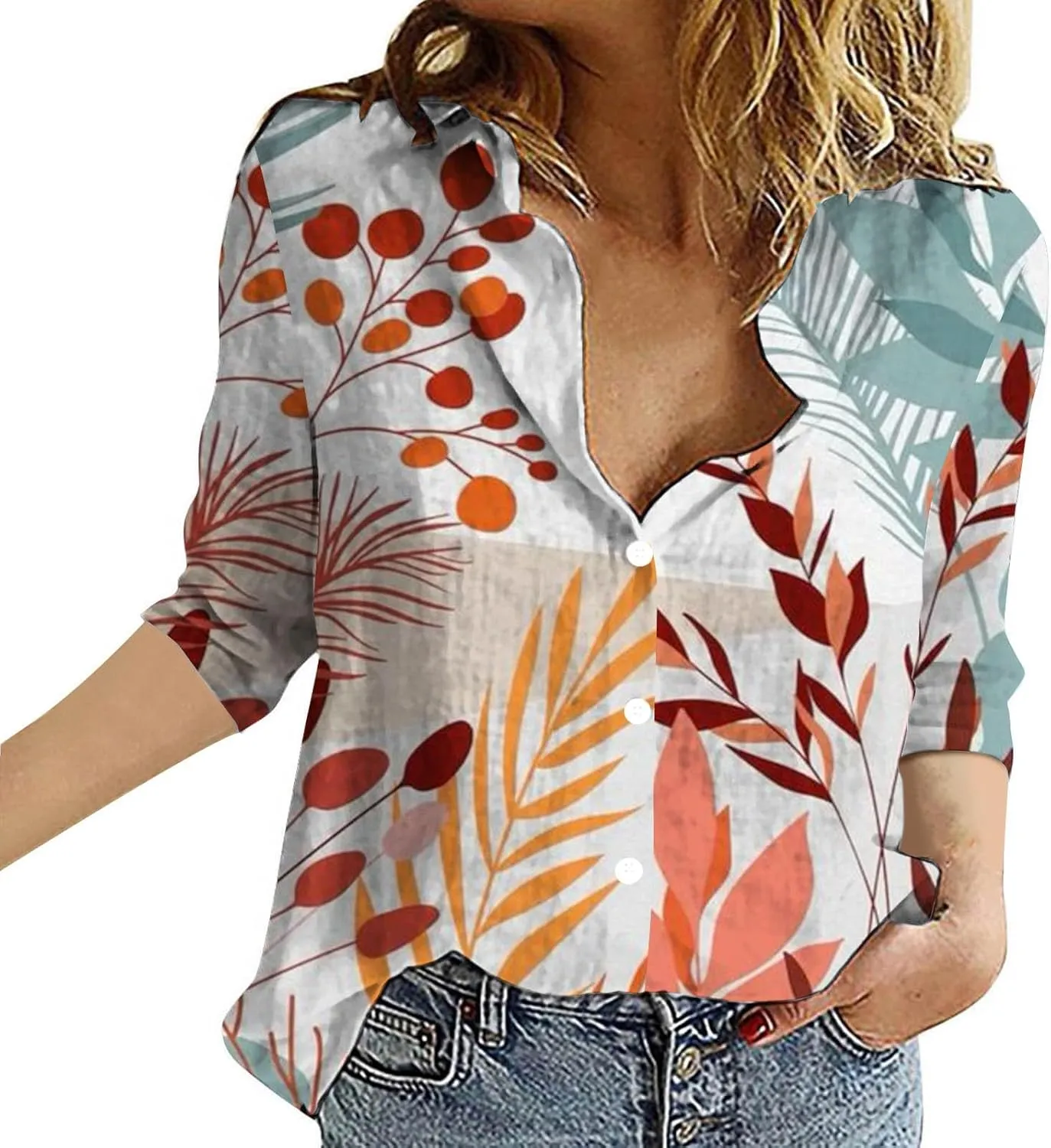 Linen Blouses for Women Casual Cropped Linen Shirt Women Women's Tops 3/4 Sleeve