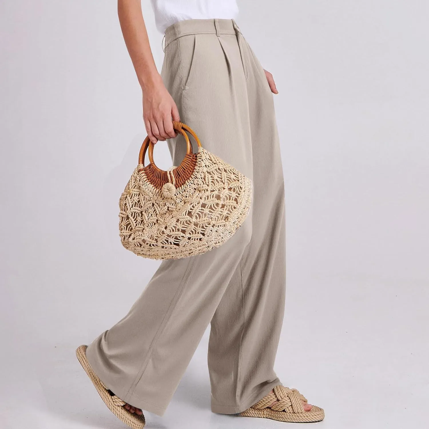 Linen Dress Pants Women Business Casual High Waited Wide Leg Pants with Pockets Slacks Office Work Palazzo Trousers