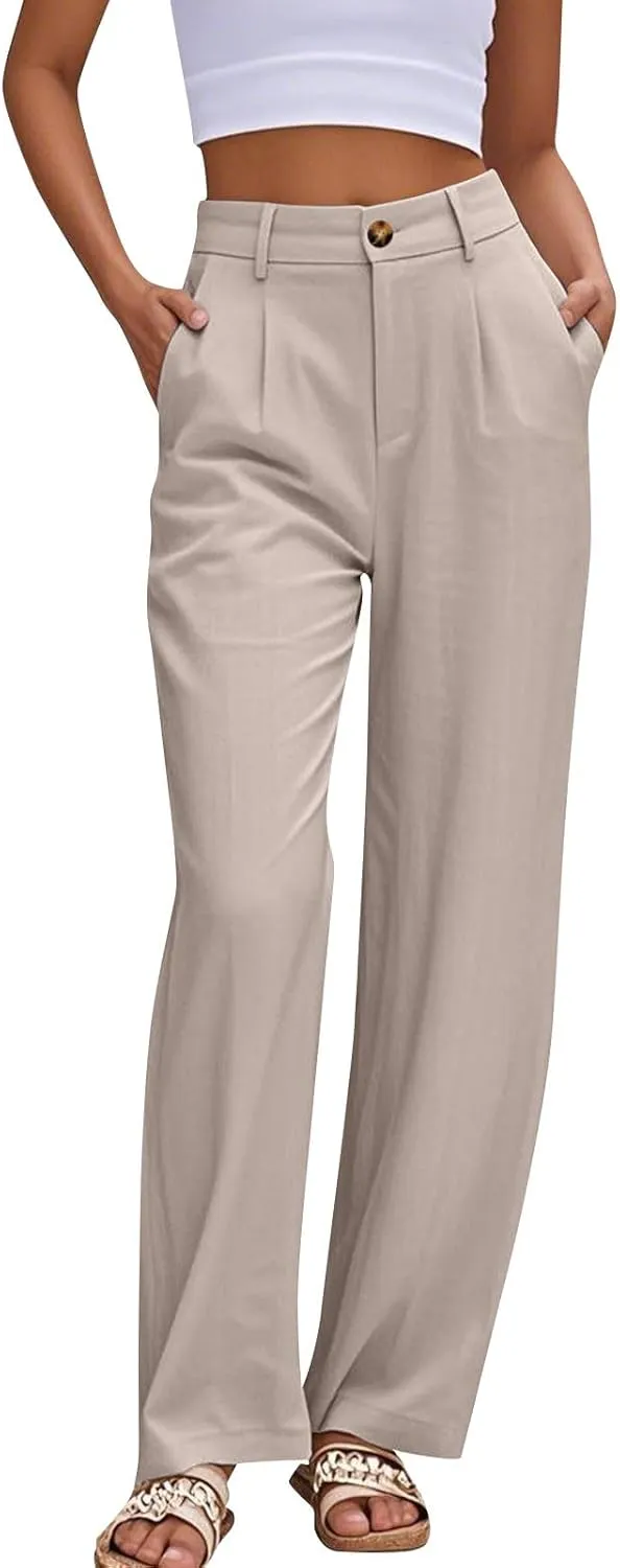 Linen Dress Pants Women Business Casual High Waited Wide Leg Pants with Pockets Slacks Office Work Palazzo Trousers