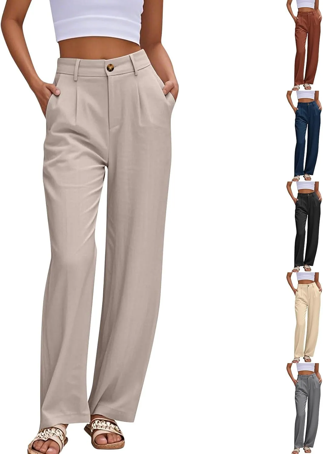 Linen Dress Pants Women Business Casual High Waited Wide Leg Pants with Pockets Slacks Office Work Palazzo Trousers