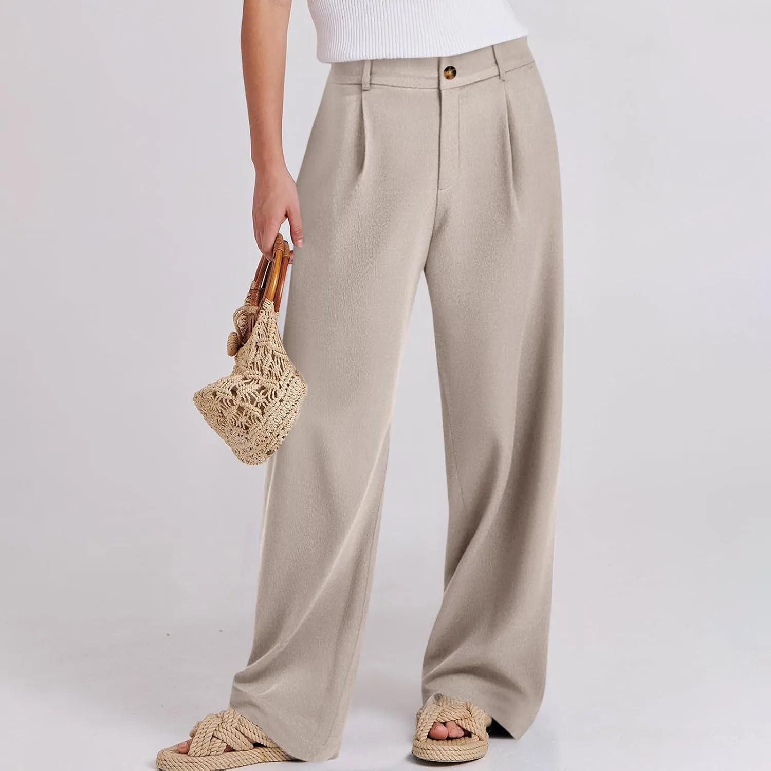 Linen Dress Pants Women Business Casual High Waited Wide Leg Pants with Pockets Slacks Office Work Palazzo Trousers