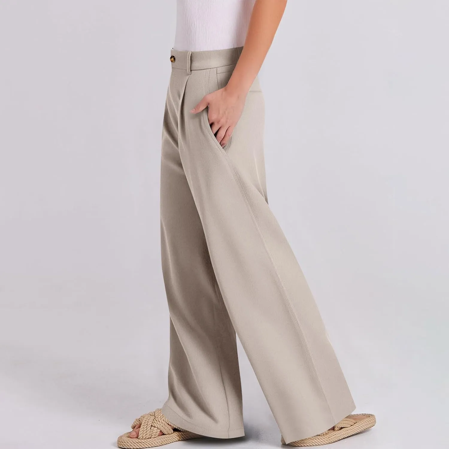 Linen Dress Pants Women Business Casual High Waited Wide Leg Pants with Pockets Slacks Office Work Palazzo Trousers