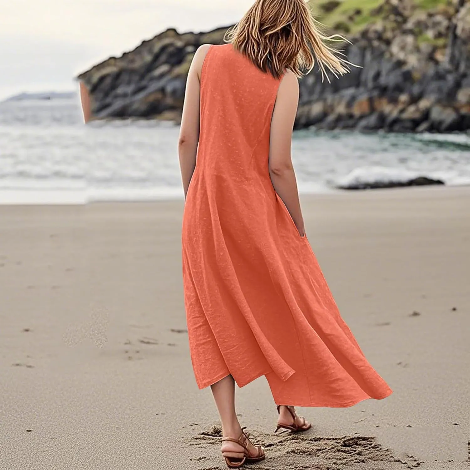 Linen Dress Women Causal Sleeveless U Neck Plus Size Summer Dresses Flowy Ruffle Hem Maxi T Shirt Dresses Midi Dress