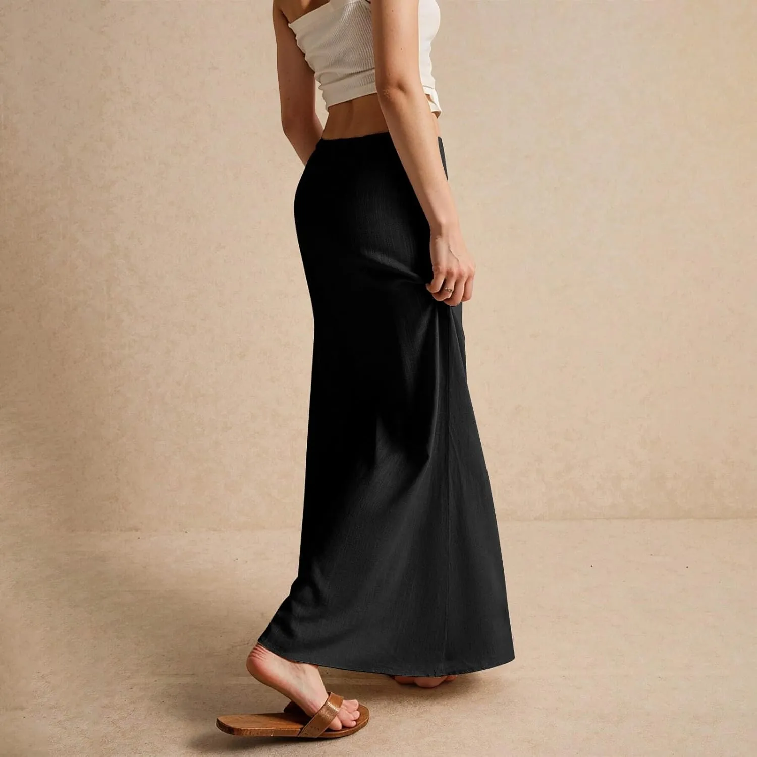 Linen Long Skirts for Women Trendy Summer Drawstring A Line Solid Maxi Skirts Beach Vacation Boho Flowy Skirts